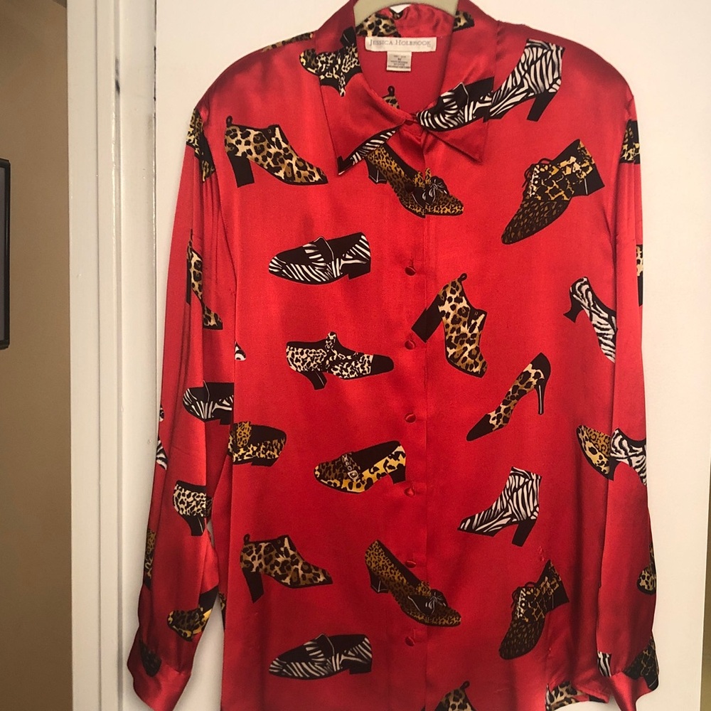 Jessica Holbrook Vtg. Long-Sleeve Silk Button-Down Blouse – Shoe Design - EC